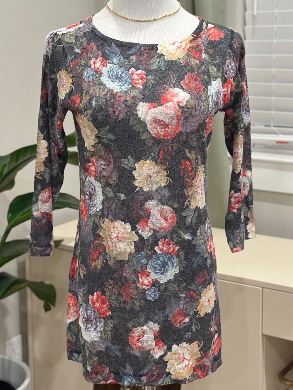 Nally & Millie Charcoal Floral Long Sleeve Tunic Dress